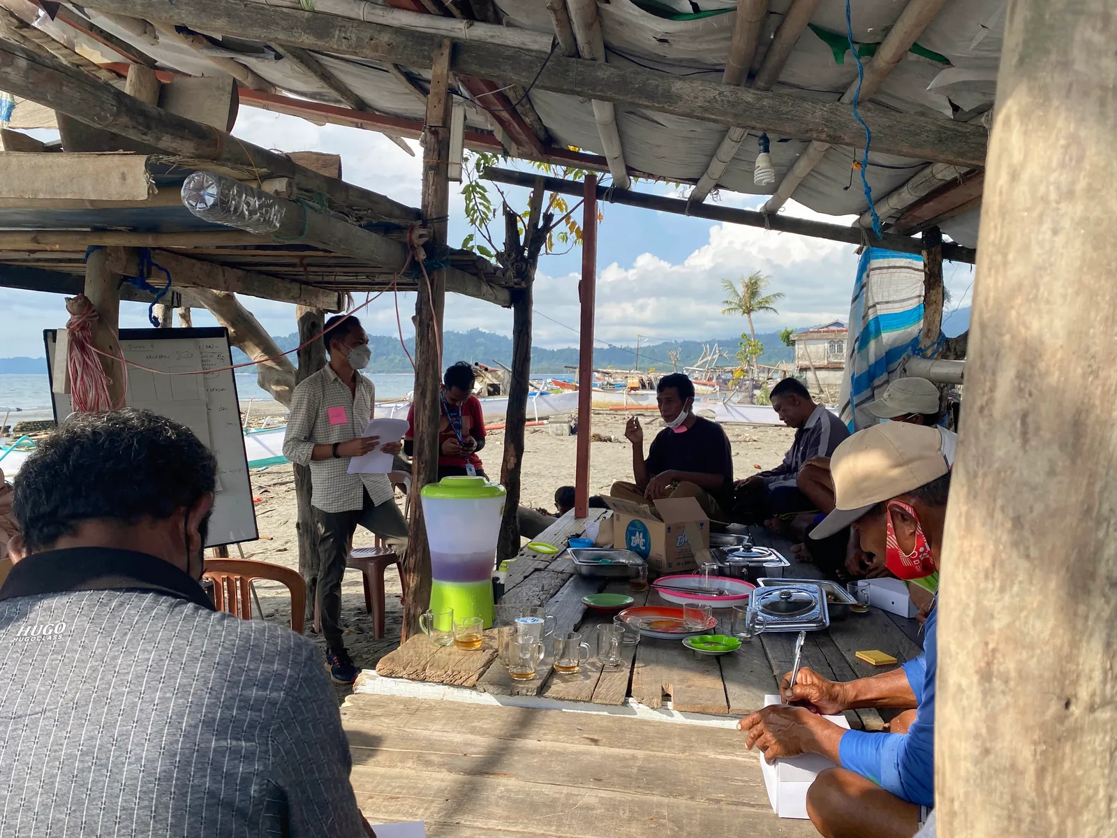 An i-Hi Consulting facilitator with community members on a beach in Indonesia